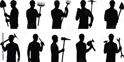 Construction and gardening worker silhouettes collection, professional laborers holding shovel rake hammer wrench tools, black vector illustration isolated on white background