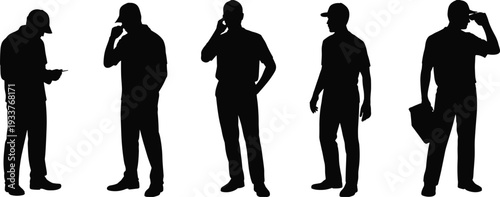 Construction supervisor silhouettes set, professional engineers talking on phone with clipboard, industrial worker black vector illustration isolated on white background