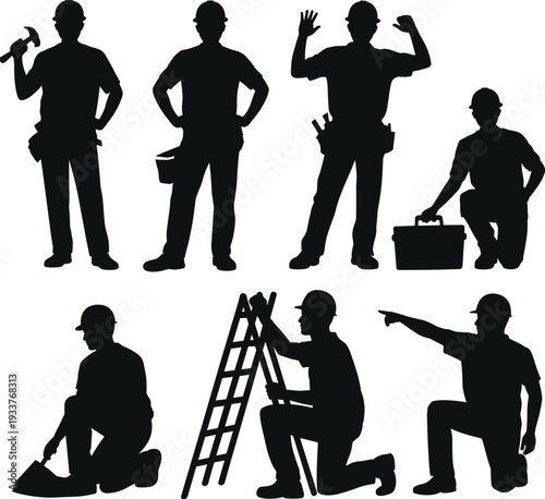 Construction worker silhouettes collection, handyman with hammer toolbox ladder and bucket in multiple working poses isolated on white background flat vector illustration