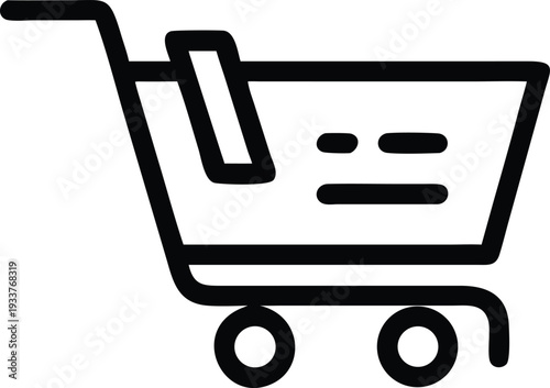 Black line art depicts a shopping cart symbol representing retail purchasing or buying