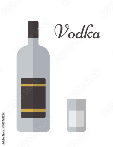 Colored bottle and glass of vodka linear icons. Beverages with wineglasses in flat design. Alcohol drinks isolated on white background. Vector illustration.