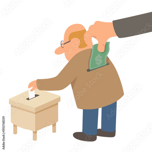 Concept of political corruption with voter being bribed while casting ballot at ballot box