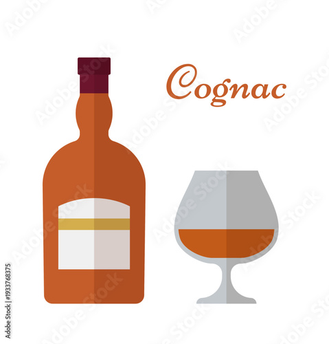 Colored cognac bottle and glass thin line objects. Icons beverages isolated on white background. Alcoholic drinks with wineglasses in flat design. Vector illustration.