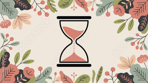 Hourglass surrounded by a frame of leaves and flowers. concept of time passing