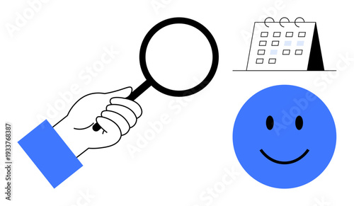 Scheduling concept. A magnifying glass, a calendar, and a happy happy highlight the importance of organization and focus. Scheduling aids efficiency, planning, and positivity. Perfect