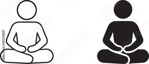 Yoga meditation black silhouette and outline icon isolated on white background.