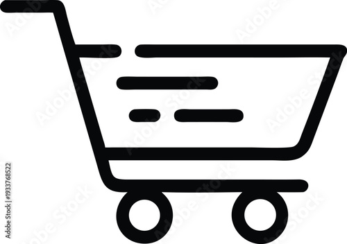 Black minimalistic shopping cart conveys modern retail with simple lines and wheels