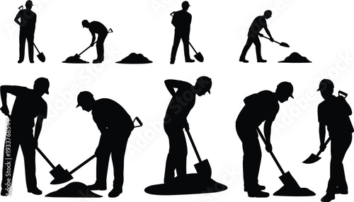 Construction worker digging silhouettes collection, laborers shoveling soil during excavation work isolated on white background flat vector illustration set