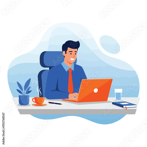 A man in a blue shirt and orange tie works on a laptop at a desk with a coffee cup and a plant