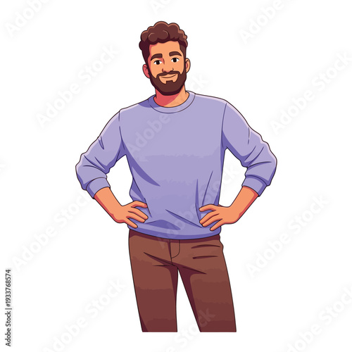 Man with curly hair and beard wearing a lavender longsleeved shirt and brown pants, hands on hips