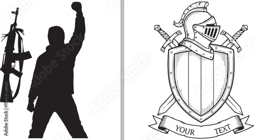 Black and white vector art featuring a silhouette of a person with a raised fist and rifle, alongside a heraldic crest with a knight's helmet, shield, and crossed swords.
