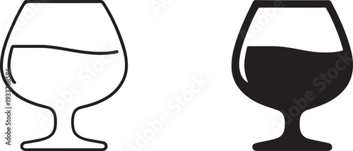 Brandy glass black silhouette and outline icon isolated on white background.