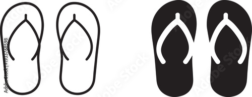 Summer sandal black silhouette and outline icon isolated on white background.