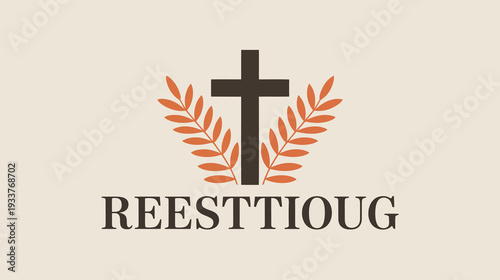 Christian cross emblem with leaves and text reesttioug on background