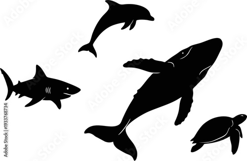 Marine Ocean Life Silhouettes Collection with Shark Dolphin Whale and Turtle Solid Black Vector Shapes