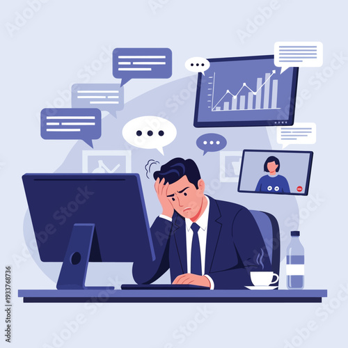 Stressed businessman at a desk with computer, looking overwhelmed by online communication and work