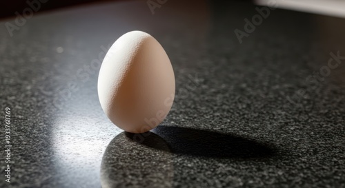 A single egg balanced on a surface, casting a shadow. The background is dark, emphasizing the egg's shape and texture.