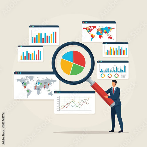 Businessman analyzing financial data and global market trends using a magnifying glass and charts, representing data analysis and business intelligence