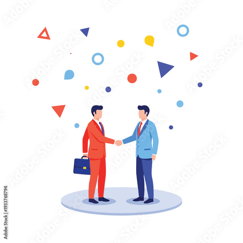 Two businessmen in suits shake hands over a circular platform, with colorful abstract shapes floating above