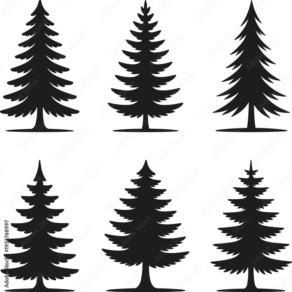 Obraz premium Pine Tree Silhouette Set – Evergreen Forest Tree Vector Icons