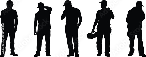 Construction worker silhouettes collection, professional contractors with toolbox and communication poses, industrial labor black vector illustration isolated on white background