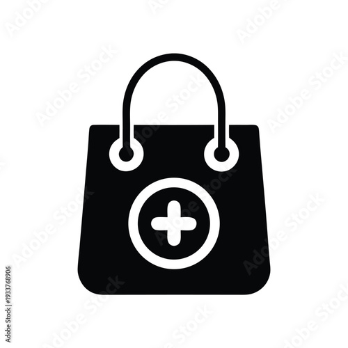 Black shopping bag features prominent white plus symbol, indicating additions or benefits