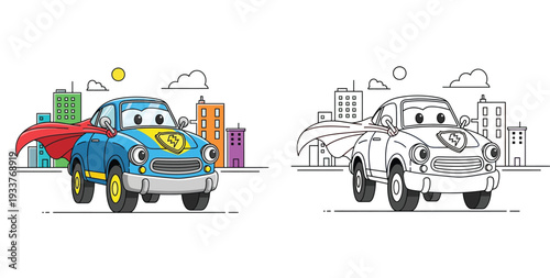 Cute Superhero Car Cartoon Character with Red Cape in City, Coloring Book Page Illustration with Colored Example