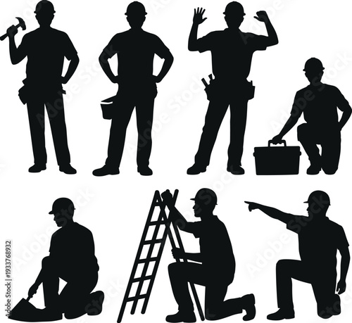 Construction worker silhouettes set, handyman holding hammer toolbox and ladder in various working poses isolated on white background flat vector illustration collection