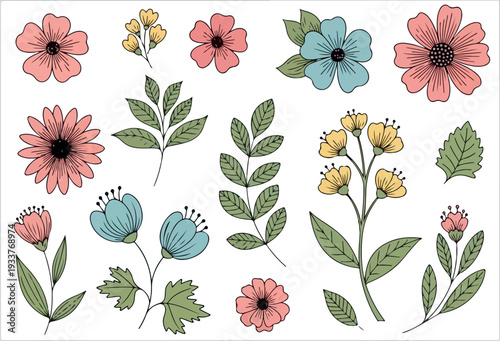 A collection of colorful flowers and leaves in a whimsical illustration style
