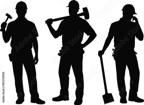 Construction worker silhouettes set, professional builders holding hammer sledgehammer shovel tools, industrial labor black vector illustration isolated on white background