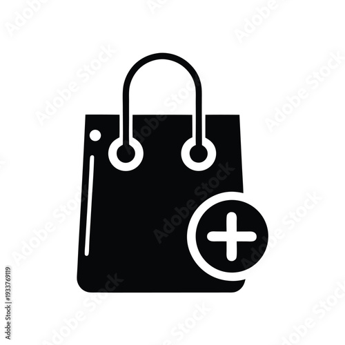 Black shopping bag icon displaying an addition symbol indicates purchase options for business