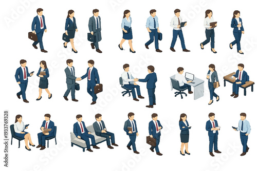 Diverse group of business professionals engaged in various interactions, symbolizing teamwork and corporate environments