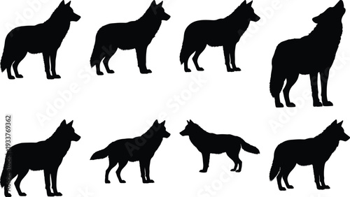 Eight black wolf silhouettes in different poses, depicting standing and howling stances on a clean white background.