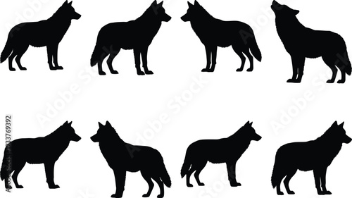 Collection of eight black wolf silhouettes in various poses, including standing and howling, on a white background.