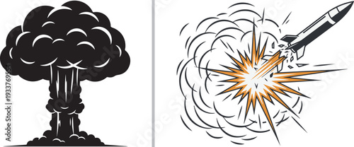 A high-impact vector duo: a solid black mushroom cloud silhouette on the left and a dynamic missile impact featuring orange explosive sparks and billowy smoke clouds on the right.
