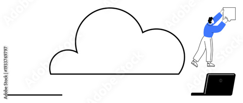 Cloud storage concept. A person uploads files to a large cloud from a laptop, cloud technology. Cloud storage for data management, file sharing, remote work, IT solutions, backup systems