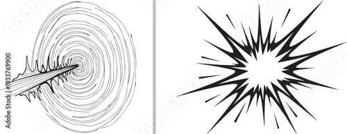 Black and white vector illustrations depicting a high-speed projectile piercing a swirling vortex and a sharp, jagged comic-style explosion burst.