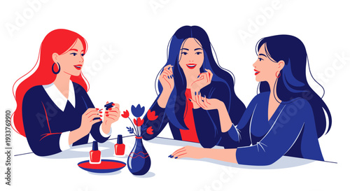 Three women friends enjoying a manicure and conversation at a table