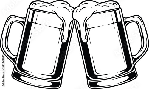 Clinking Beer Mugs Vector Illustration, Oktoberfest Toast Cheers Design, Black and White Engraving Style Alcohol Beverage Celebration Icon Graphic