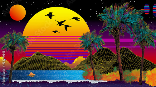 A vibrant, vibrant background with an 80s aesthetic, themed around travel and the open world.