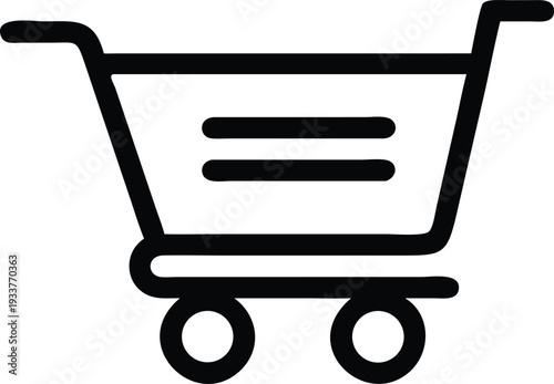 Black shopping cart icon with rounded handles and wheels appears against white background