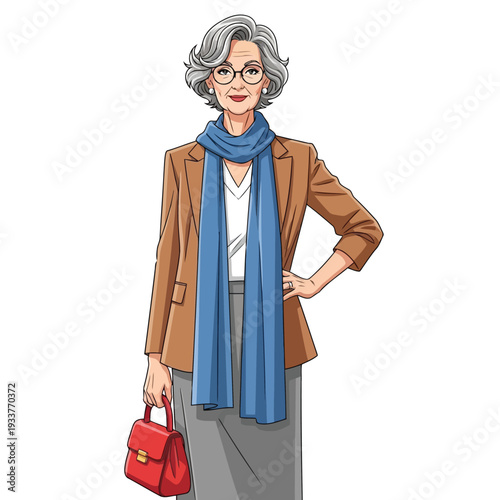 An elegant elderly woman with gray hair, wearing glasses, a brown blazer, and a blue scarf, holding a red handbag, looking sophisticated