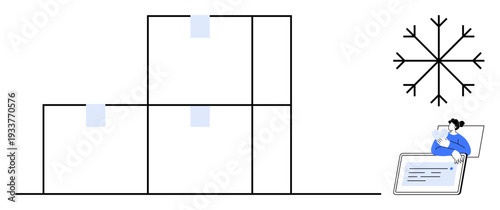 Cold storage concept. Cold storage with boxes, digital inventory management systems, and snowflake temperature control. Cold storage solutions for supply chain, logistics, warehouses, technology