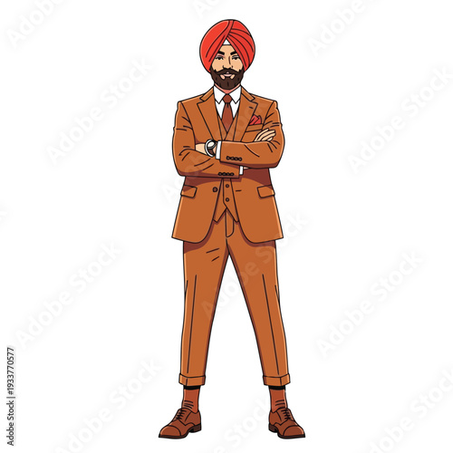 A sikh man in a brown suit and orange turban standing with his arms crossed