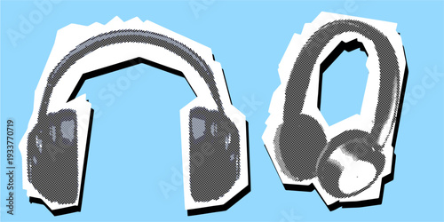Set headphone editable halftone scrapbook element vector for retro music zines. Ideal for symbolizing vintage audio, pop art podcasts, and nostalgic listening.