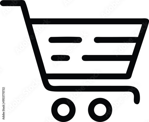 Black silhouette of shopping cart icon, featuring horizontal lines and two round wheels