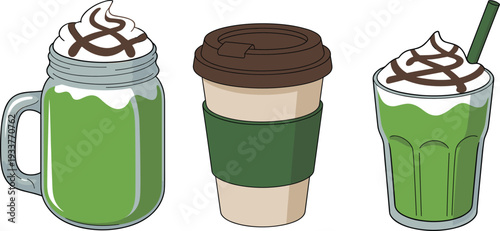 Green Matcha Tea Drinks Collection with Whipped Cream Topping and Coffee Cup for Cafe Menu Design, vector illustration