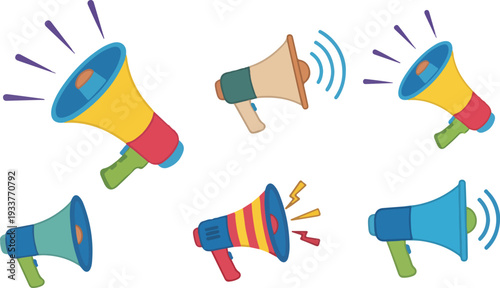 Set of vibrant megaphones announcing loud messages and news