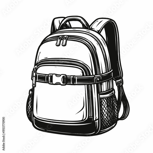 A detailed illustration of a backpack with multiple pockets and straps viewed from the front