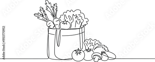 Reusable Grocery Bag with Vegetables, Eco Shopping Line Art Illustration.